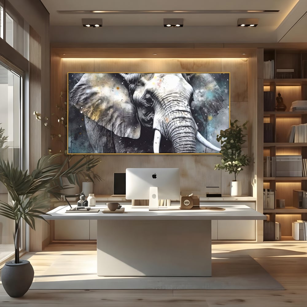 Tablou canvas cu tablou canvas cu cap de elefant, in rama de aluminiu auriu, pe perete intr-un birou